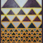 Acrylic on canvas painting by Vel featuring a geometric pattern of repeating triangles in deep purple, green, gray, and golden yellow. The design transitions from large, bold triangles at the top to smaller, intricate fractal-like patterns toward the bottom, creating a sense of order, symmetry, and expansion.