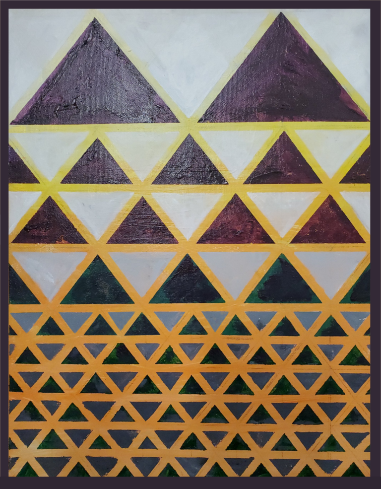 Acrylic on canvas painting by Vel featuring a geometric pattern of repeating triangles in deep purple, green, gray, and golden yellow. The design transitions from large, bold triangles at the top to smaller, intricate fractal-like patterns toward the bottom, creating a sense of order, symmetry, and expansion.